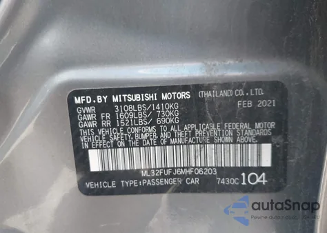 2021 Mitsubishi Mirage G4 Carbonite Edition/Es/Le from USA, damaged, VIN ML32FUFJ6MHF06203